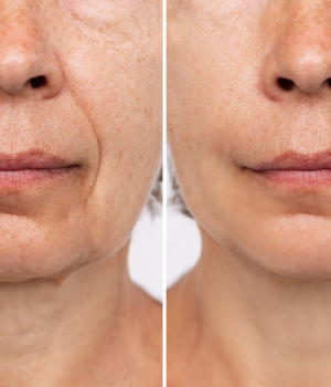 Antes e depois de harmonização facial com preenchimento do sulco nasolabial e melhora da firmeza da pele, realizado na Harmodont Clínica Orofacial em Sorocaba.