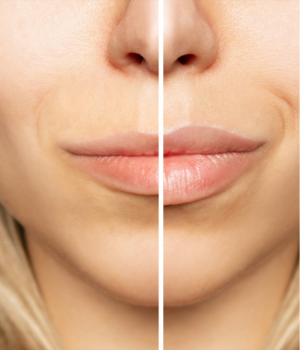 Antes e depois de preenchimento labial com ácido hialurônico realizado na Harmodont Clínica Orofacial em Sorocaba.
