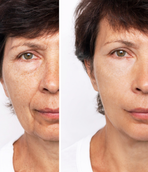 Antes e depois da harmonização facial em pele madura com foco em rejuvenescimento, redução de rugas e melhora da textura da pele, realizado na clínica Harmodont em Sorocaba.