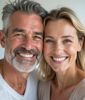 Casal com sorrisos harmônicos após tratamento estético na Harmodont Sorocaba. Resultados de Estética Dental e Facial.